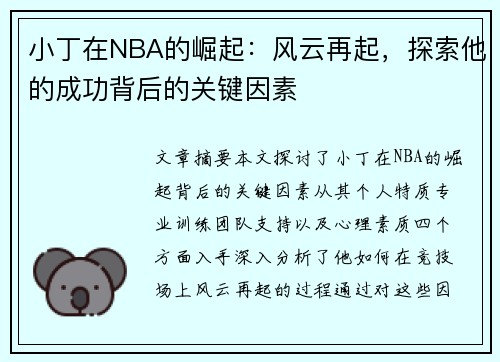 小丁在NBA的崛起：风云再起，探索他的成功背后的关键因素